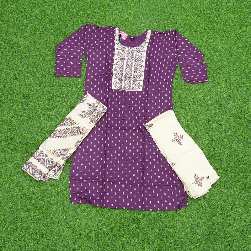 Purple and Off-White Color Ethnic Print 3-Piece Designer Dress
