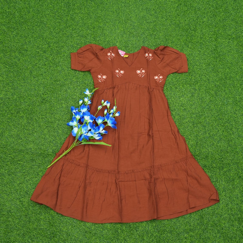 Brown Color Embroidered Cotton Designer Long Frock