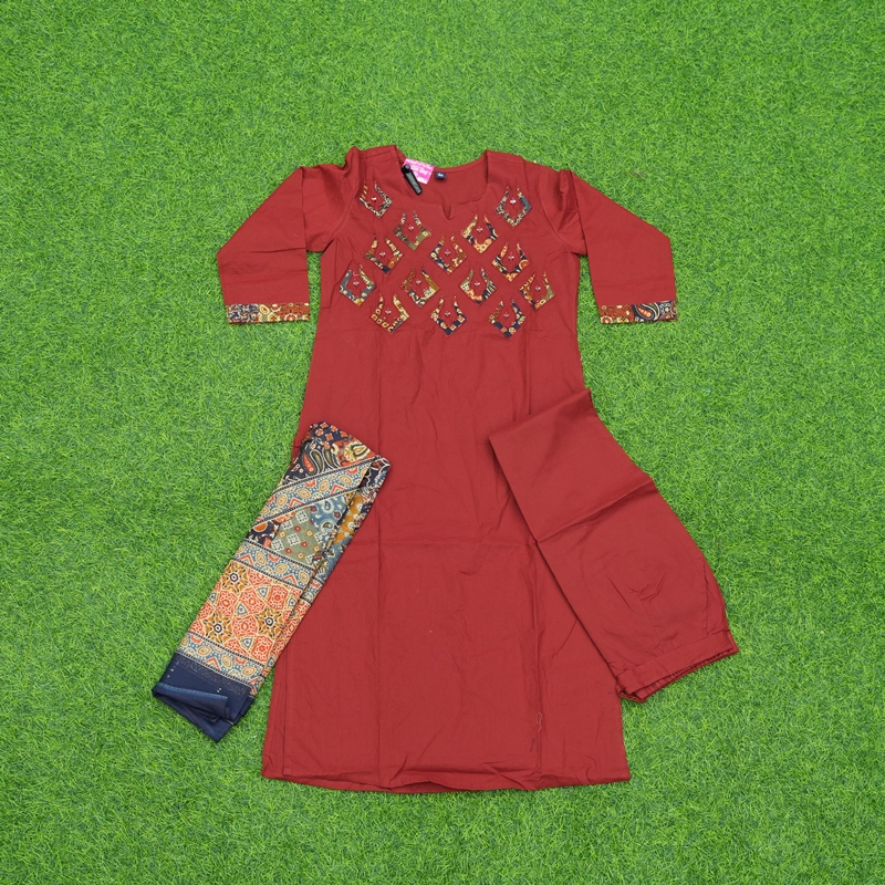 Maroon Color Geometric Applique and Patchwork Designer Dress