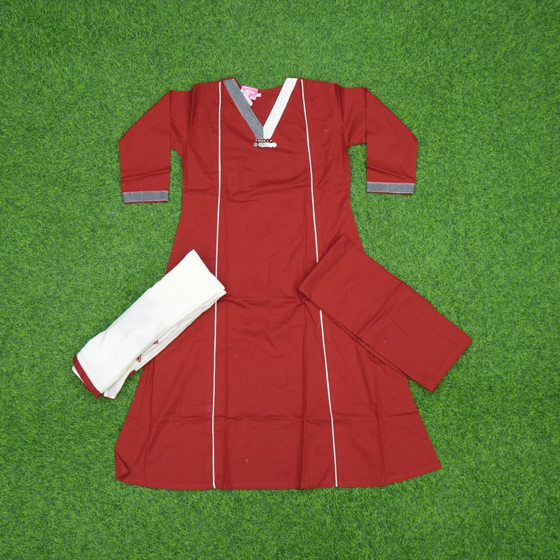 Maroon Color Elegant White Line 3-Piece Cotton Designer Dress