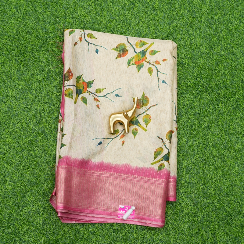 Cream and Pink Color Floral Daily Wear Saree