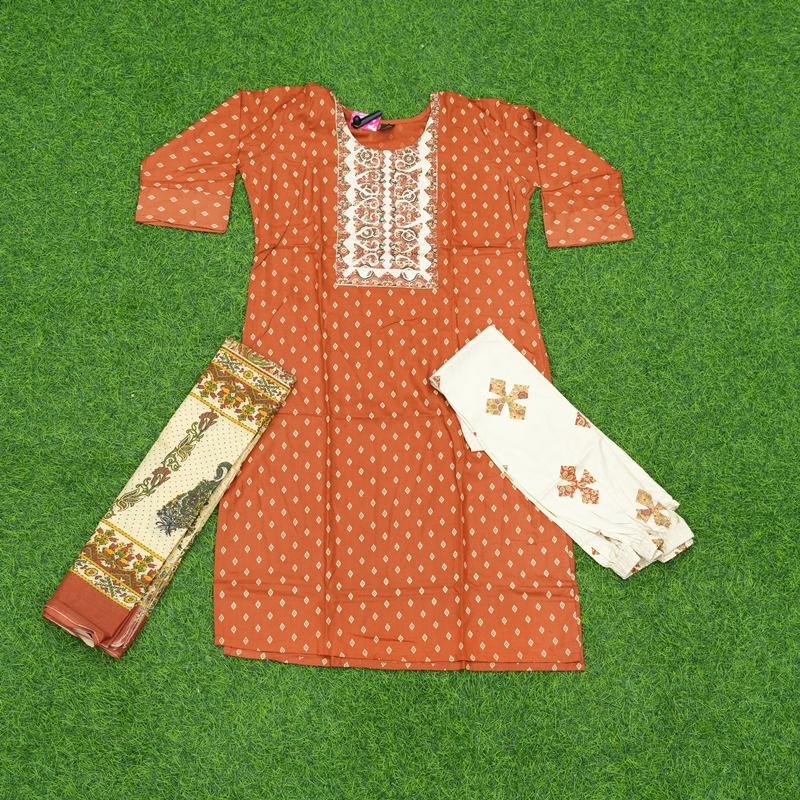 Orange and Off-White Color Ethnic Print 3-Piece Designer Dress