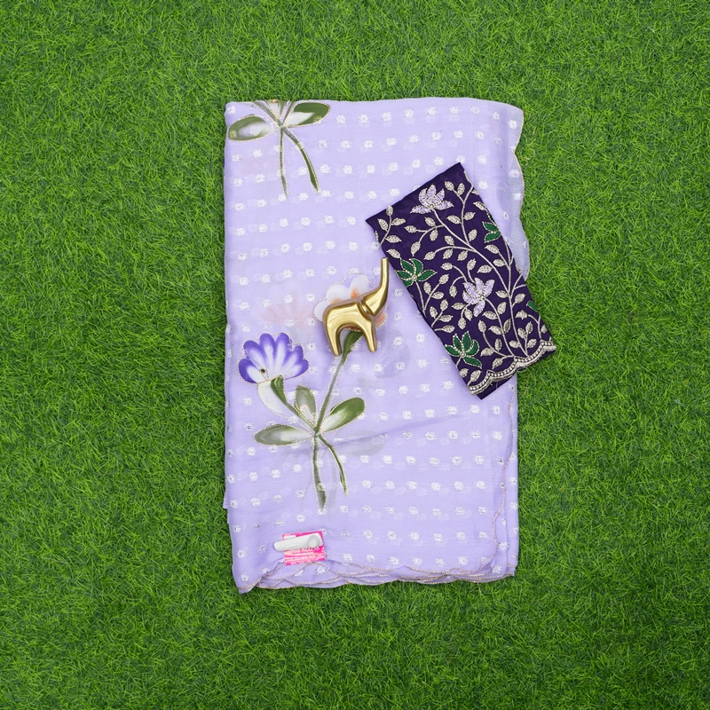 Lavender and Purple Color Blouse Floral Printed with Embroidered Work Saree