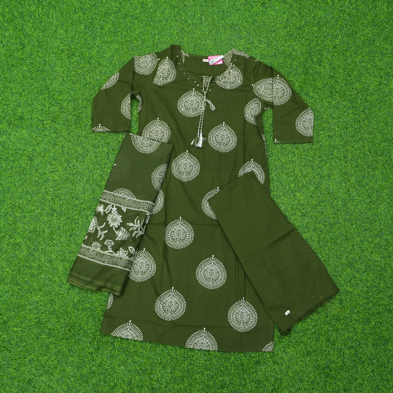 Mehendi Green Color Cotton Printed Designer Dress
