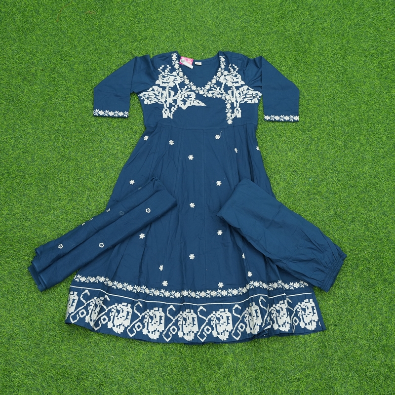 Navy Blue Color Geometric and Floral Embroidered Designer Dress