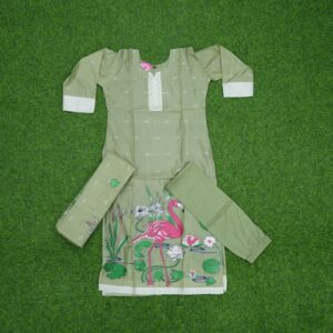 Pista Green Color Flamingo Print Embroidered 3-Piece Cotton Designer Dress