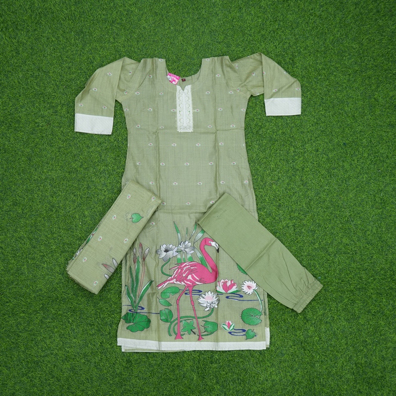 Pista Green Color Flamingo Print Embroidered 3-Piece Cotton Designer Dress