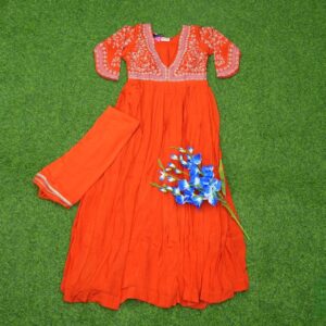 Orange Color Embroidered Designer Party Wear Long Frock