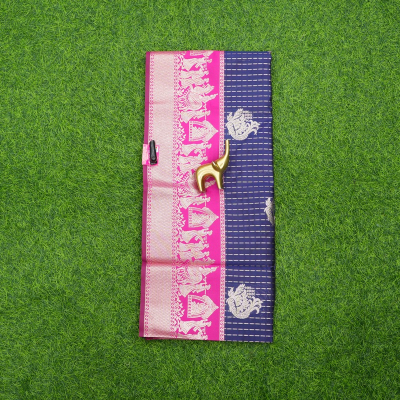 Navy Blue and Pink Color Traditional Checks and Contrasting Border Fancy Saree