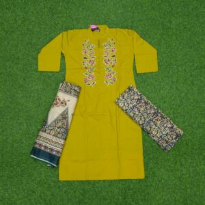 2 900 MUSTARD YELLOW Mustard Yellow Color Embroidered Cotton 3-Piece Designer Dress