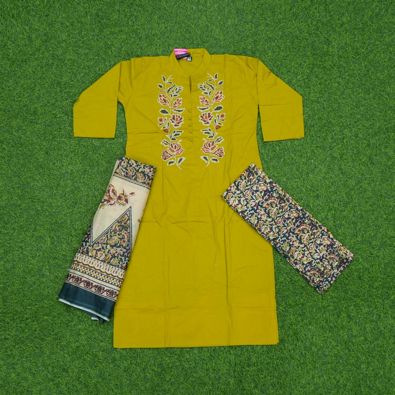 Mustard Yellow Color Embroidered Cotton 3-Piece Designer Dress