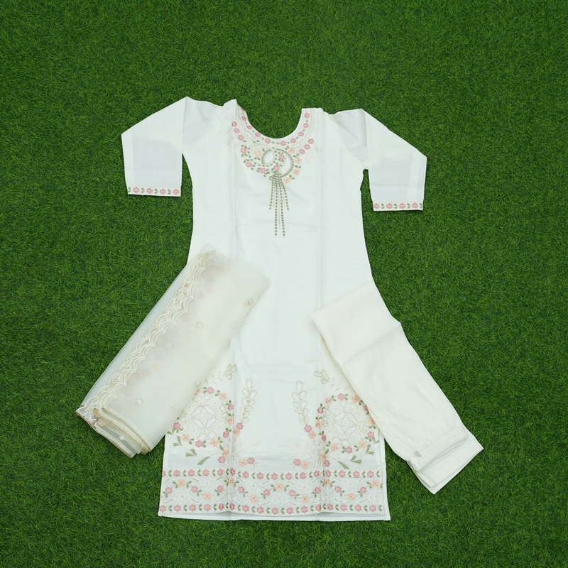 White Color Floral Embroidered Designer Dress