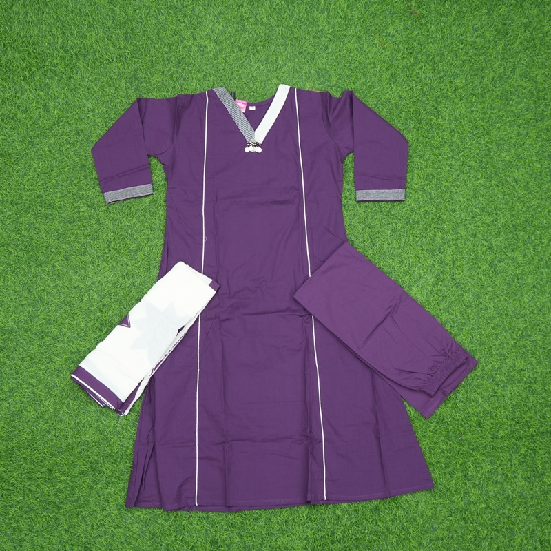 Purple Color Elegant White Line 3-Piece Cotton Designer Dress