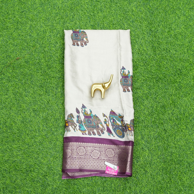 Cream and Wine Color Zari Border and Royal Procession Print