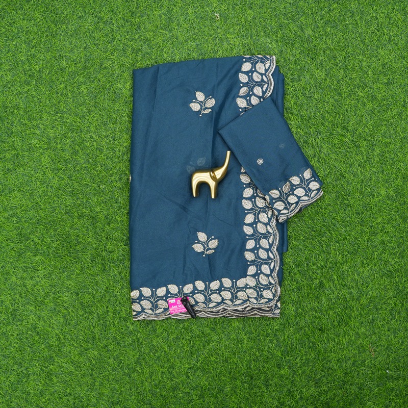 Teal Blue Georgette Work Saree With Fine Thread Embroidered