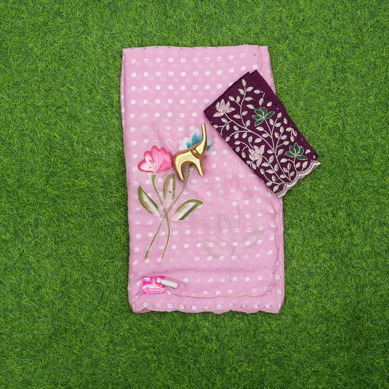 Baby Pink and Wine Color Blouse Floral Printed with Embroidered Work Saree
