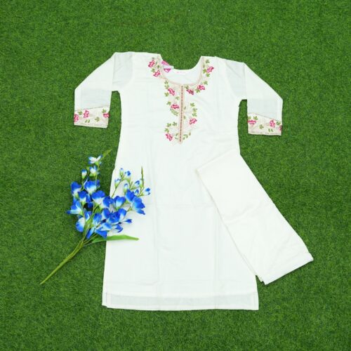 White Color Floral Embroidered Cotton Dress