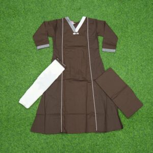 Brown Color Elegant White Line 3-Piece Cotton Designer Dress
