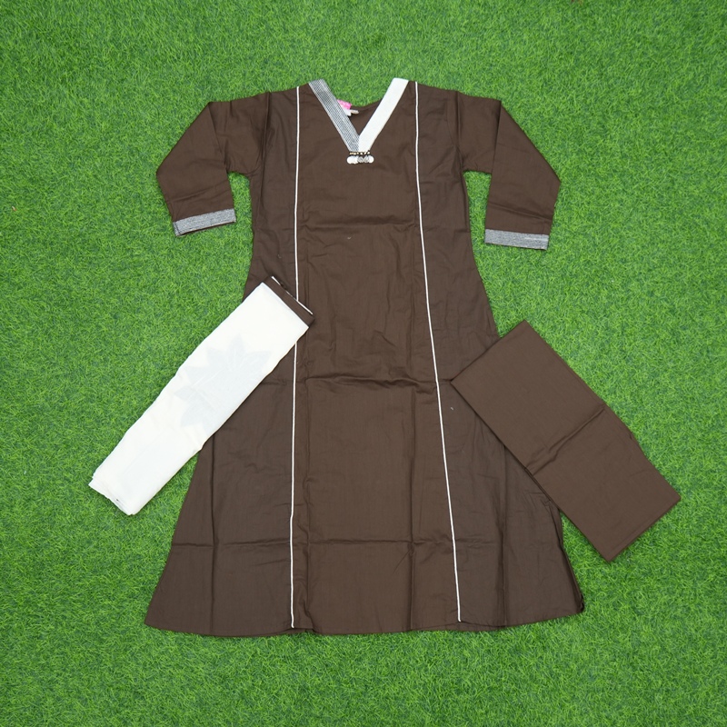 Brown Color Elegant White Line 3-Piece Cotton Designer Dress