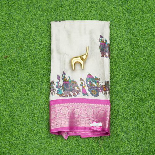 Cream and Pink Color Zari Border and Royal Procession Print