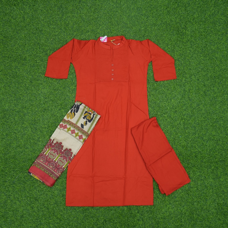 Brick Red Color 3-Piece Designer Dress With Printed Dupatta