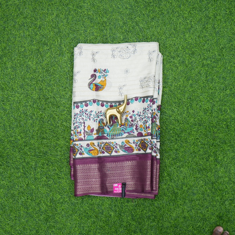 Cream and Wine Color Kalamkari Printed Daily Wear Saree