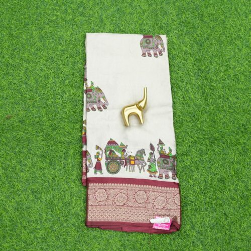 Cream and Maroon Color Zari Border and Royal Procession Print