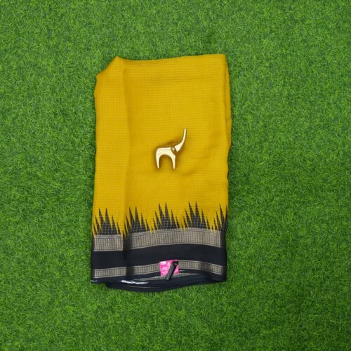 Mehendi Yellow and Black Color Checks Designer Daily Wear Saree