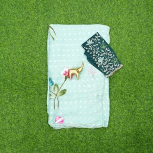Sea Green and Peacock Green Color Blouse Floral Printed with Embroidered Work Saree