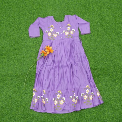 Lavender Color Embroidered Cotton Designer Long Frock