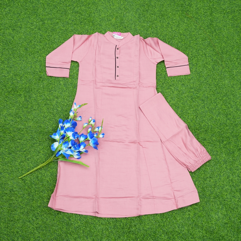 Pink Color Cotton Dress Set with Mandarin Collar