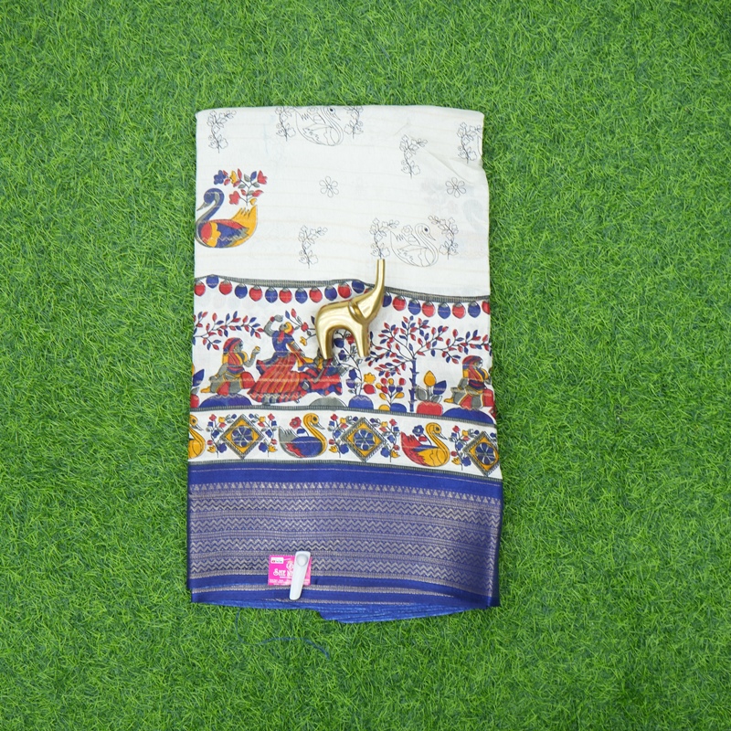 Cream and Navy Blue Color Kalamkari Printed Daily Wear Saree