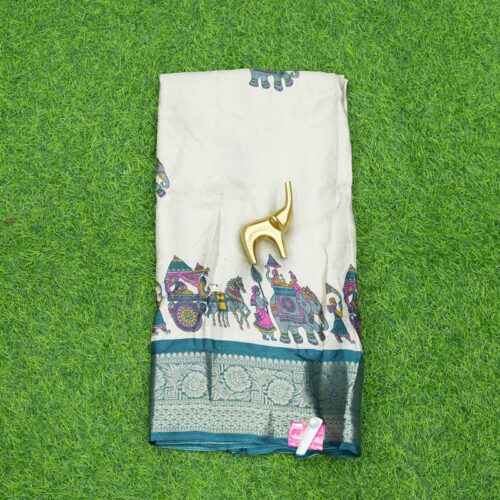 Cream and Peacock Green Color Zari Border and Royal Procession Print