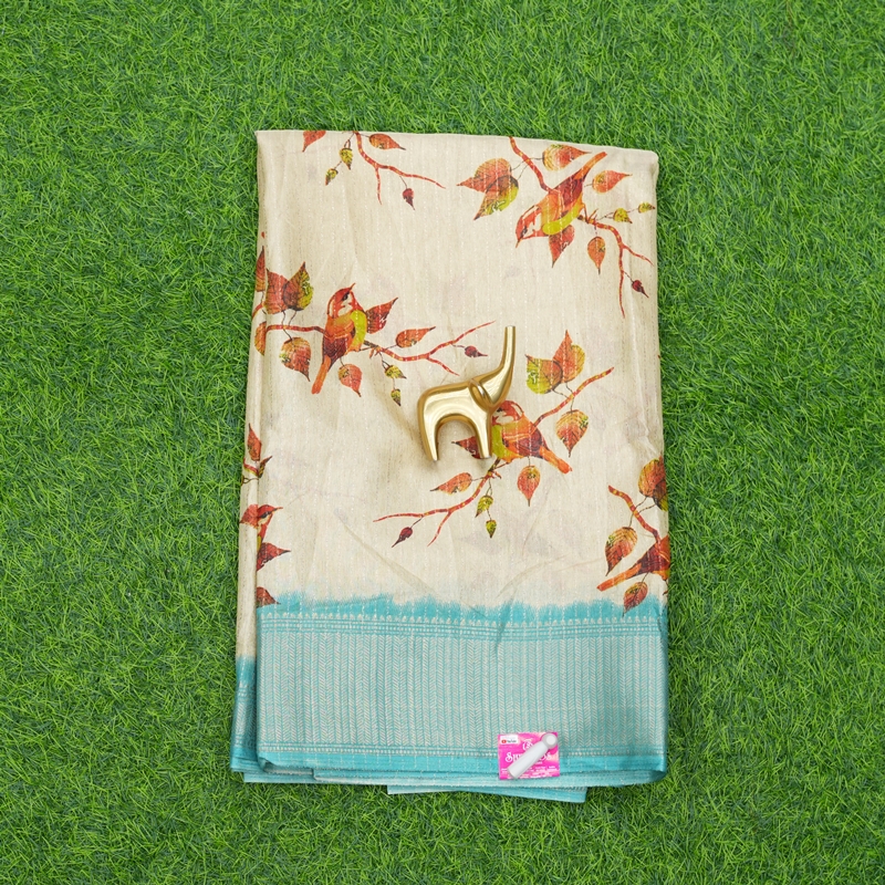 Cream and Sea Green Color Floral Daily Wear Saree