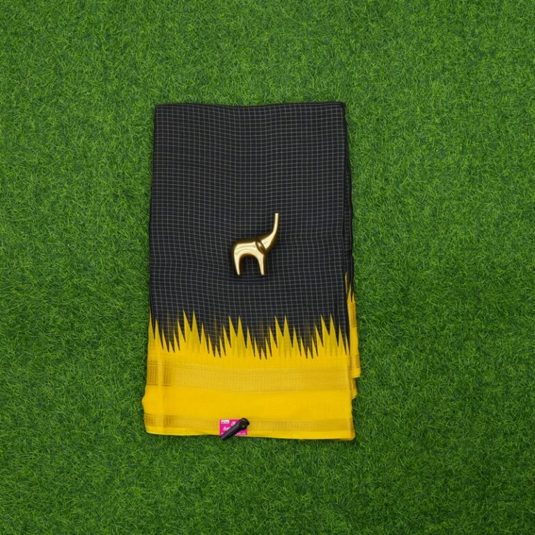 Black and Mehendi Yellow Color Checks Designer Daily Wear Saree
