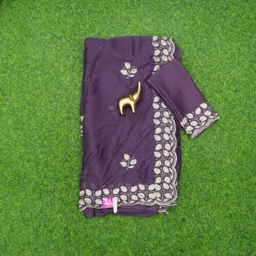 Dark Purple Georgette Work Saree With Fine Thread Embroidered