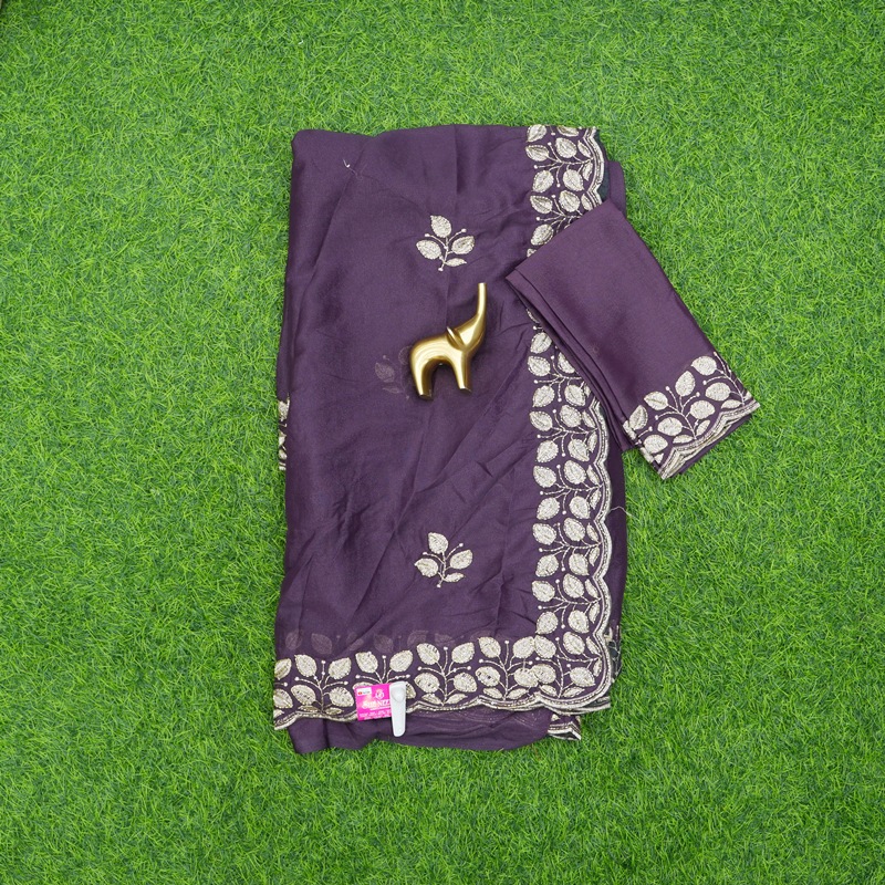 Dark Purple Georgette Work Saree With Fine Thread Embroidered
