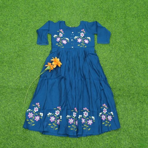 Blue Color Embroidered Cotton Designer Long Frock