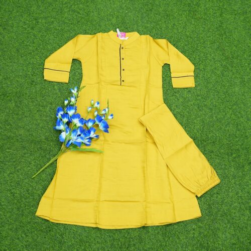 Yellow Color Cotton Dress Set with Mandarin Collar