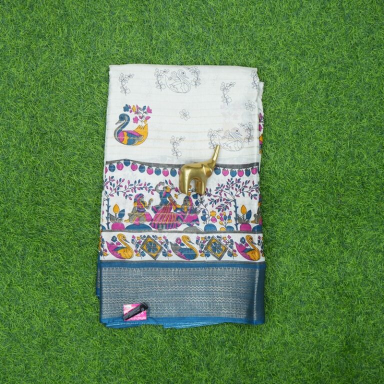 Cream and Peacock Blue Color Kalamkari Printed Daily Wear Saree