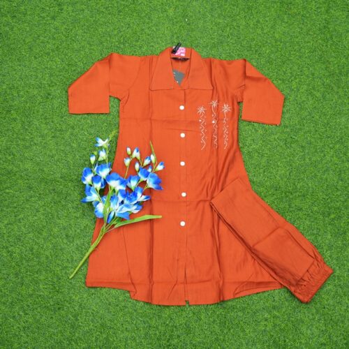 Orange Color Embroidered Shirt-Style Cotton Dress