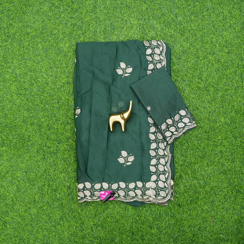 Bottle Green Georgette Work Saree With Fine Thread Embroidered