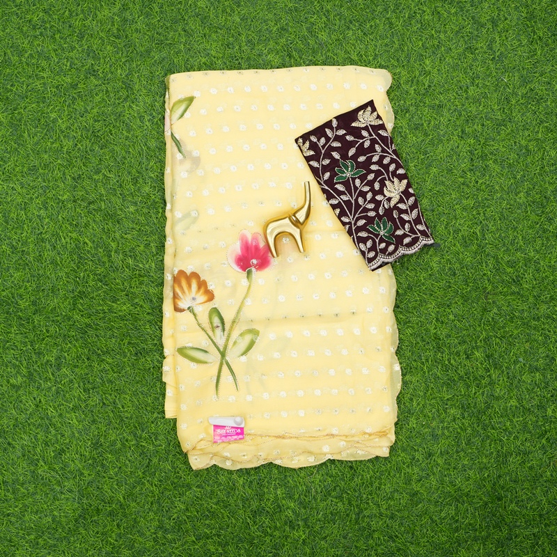 Cream and Brown Color Blouse Floral Printed with Embroidered Work Saree
