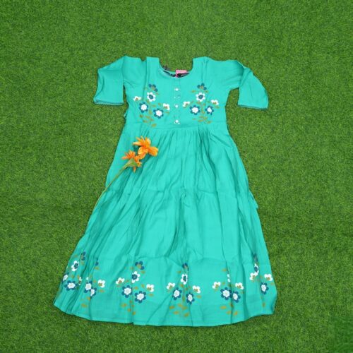 Turquoise Green Color Embroidered Cotton Designer Long Frock