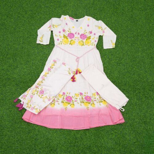 Off-White and Pink Floral Anarkali Designer Dress