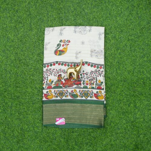 Cream and Bottle Green Color Kalamkari Printed Daily Wear Saree