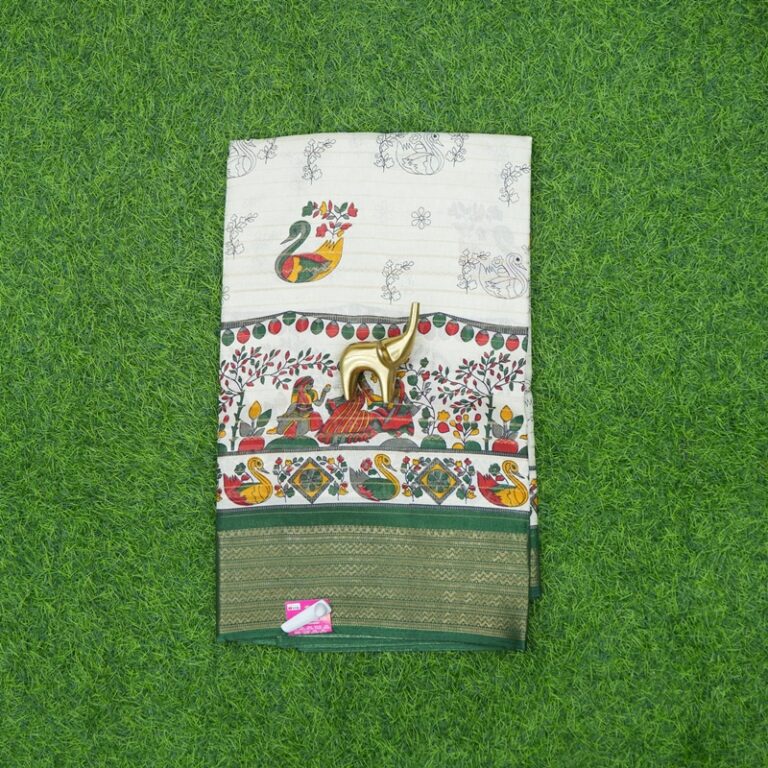 Cream and Bottle Green Color Kalamkari Printed Daily Wear Saree