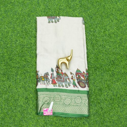 Cream and Green Color Zari Border and Royal Procession Print