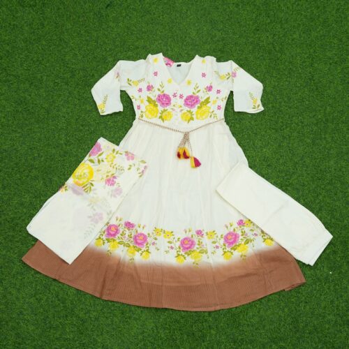 Off-White and Brown Floral Anarkali Designer Dress