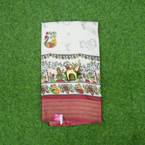 Cream and Maroon Color Kalamkari Printed Daily Wear Saree